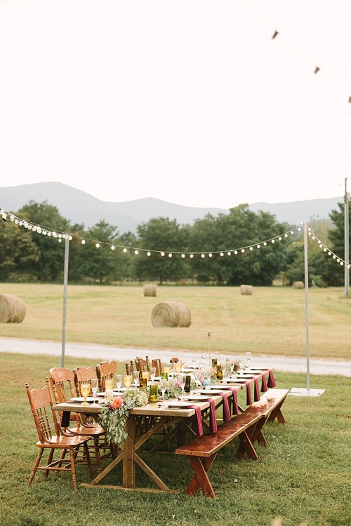 Beautiful boho-chic outdoor wedding at Blue Toad Cidery in Nelson County, Virginia with specialty rentals by Paisley & Jade 